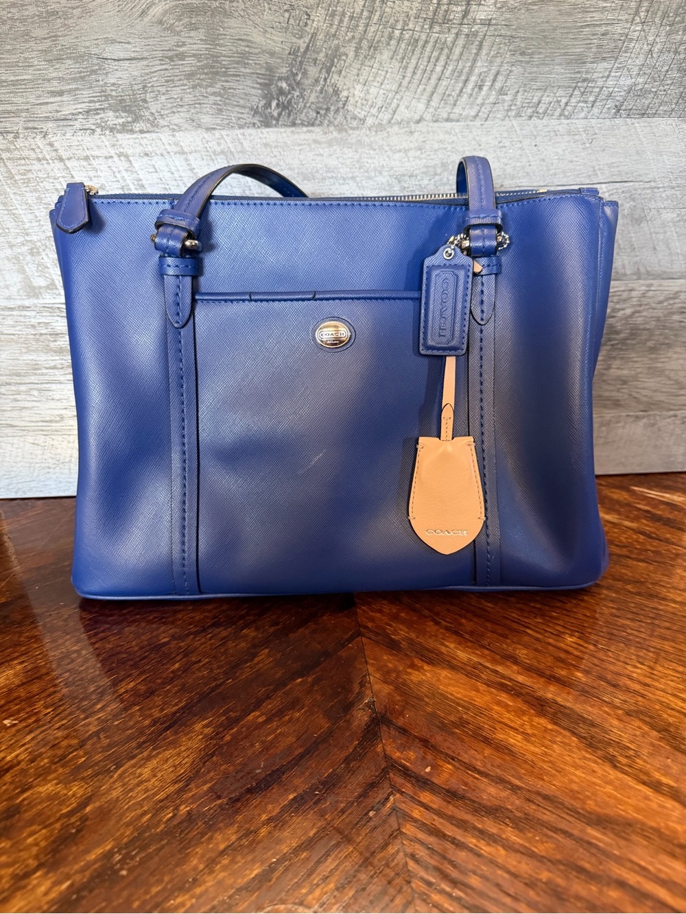Coach Blue Peyton Leather Jordan Double Zip Tote Purse